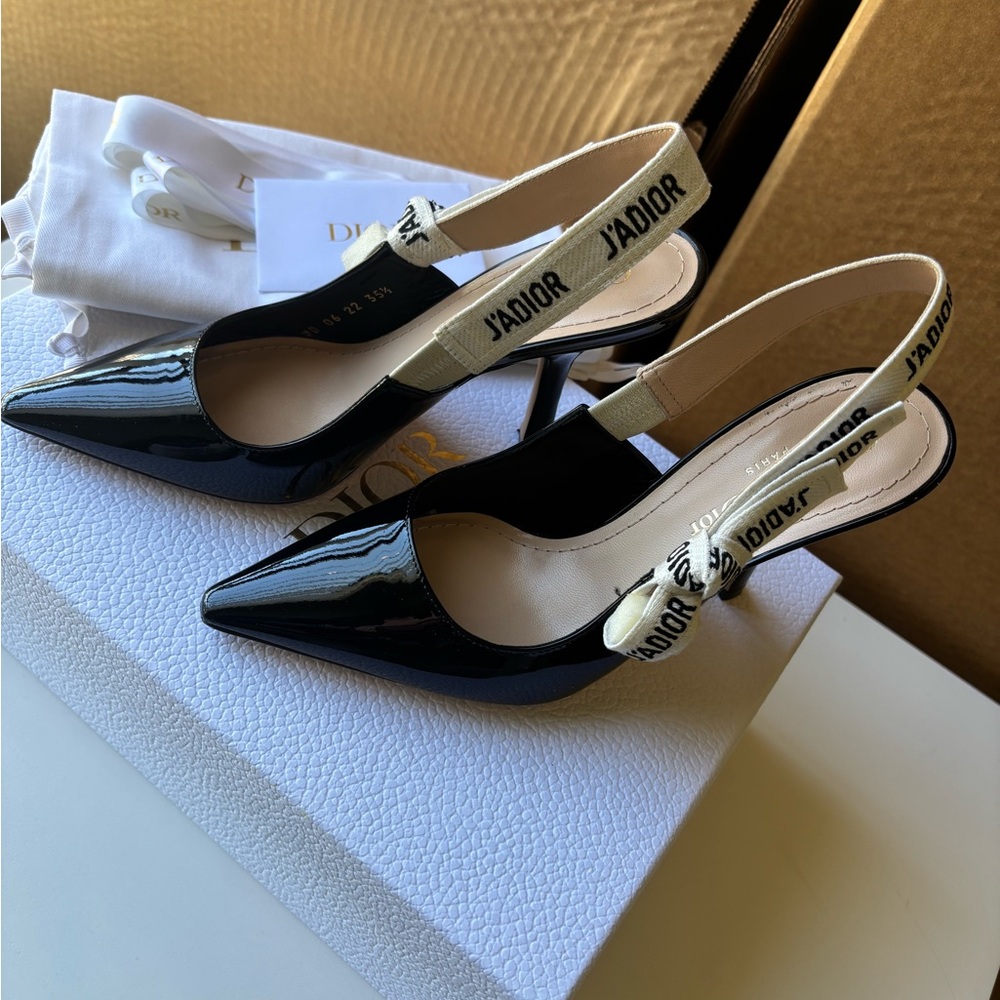 Dior J'Adior Black Patent Leather Slingback Pumps